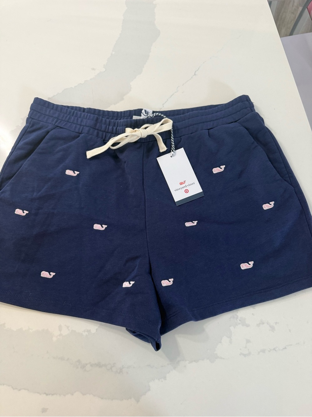 Vineyard Vines Navy Drawstring Shorts with Pink Whale Embroidery